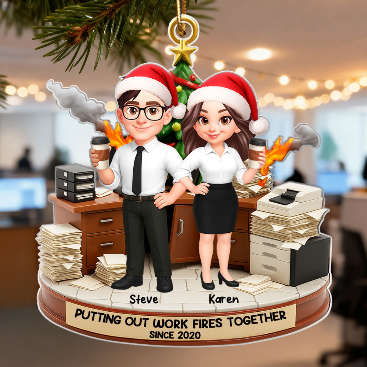 Putting Out Work Fires Together, Office Chaos Funny Coworkers - Personalized Acrylic Ornament - Custom Employee Gift Exchange, White Elephant Gift
