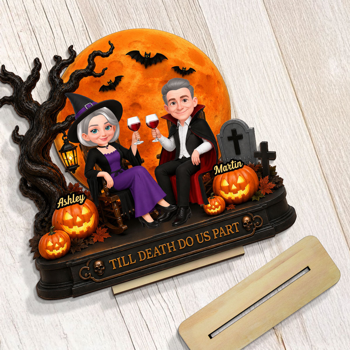 Spooky Halloween Couple With Moon - Personalized 2-Layered Wooden Plaque - Gift For Couple, Him, Her