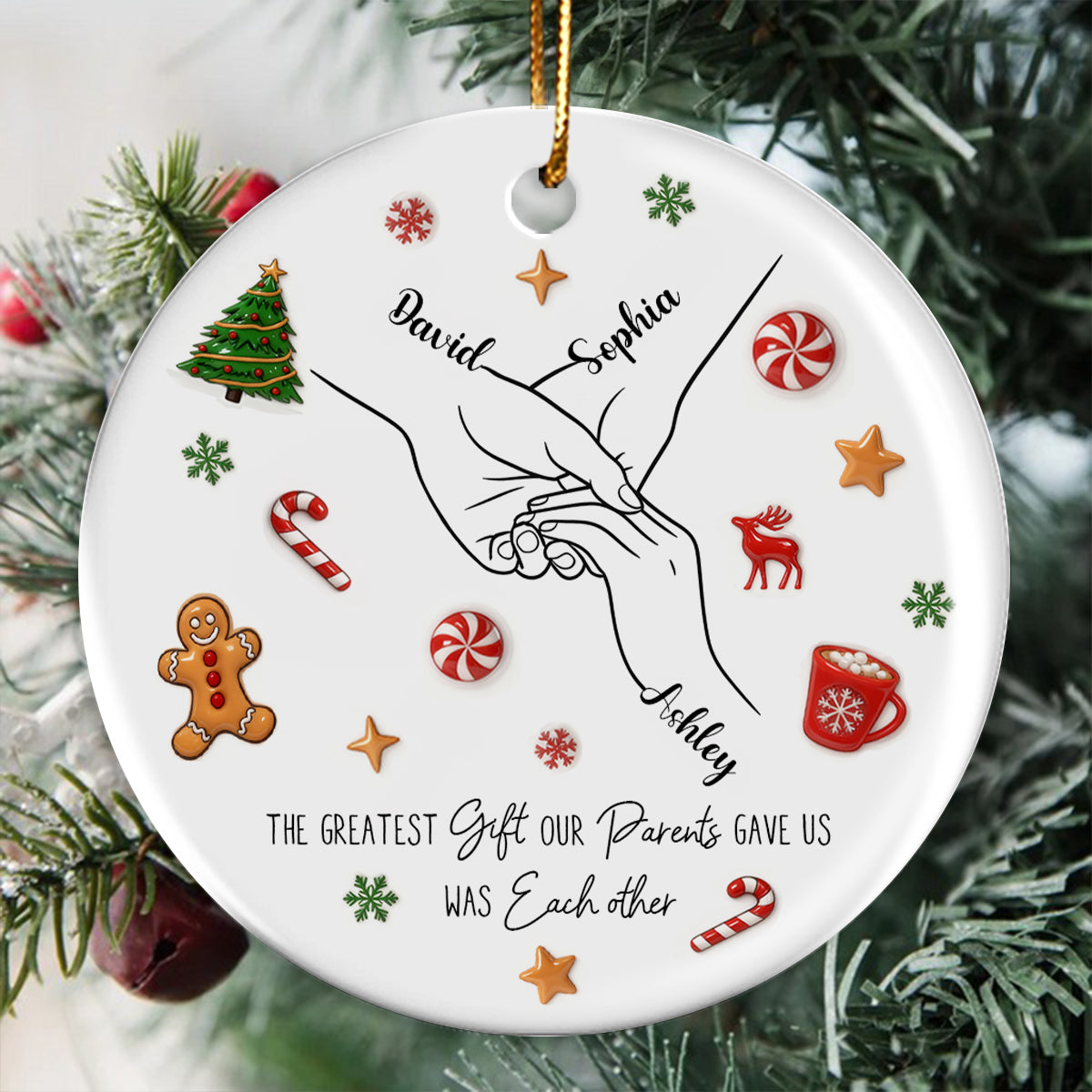 Sibling Hands Line Art - Personalized Ceramic Ornament - Christmas Gift For Brother, For Sister