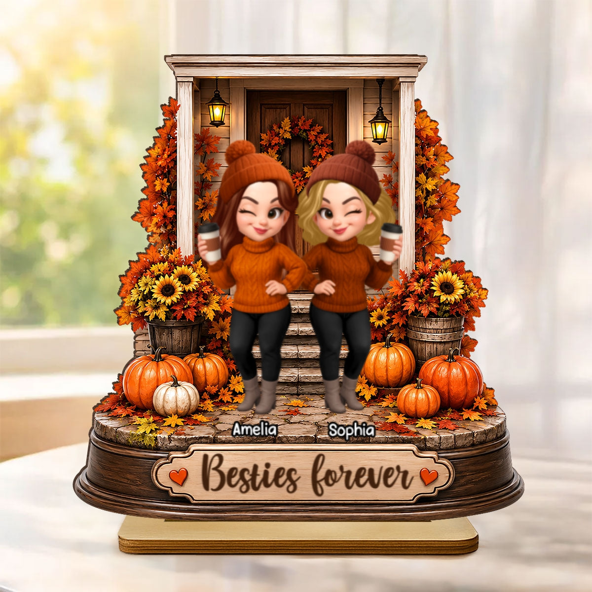 Besties Forever Front Porch Memories - Personalized 2-Layered Wooden Plaque - Fall Season Gift For Besties