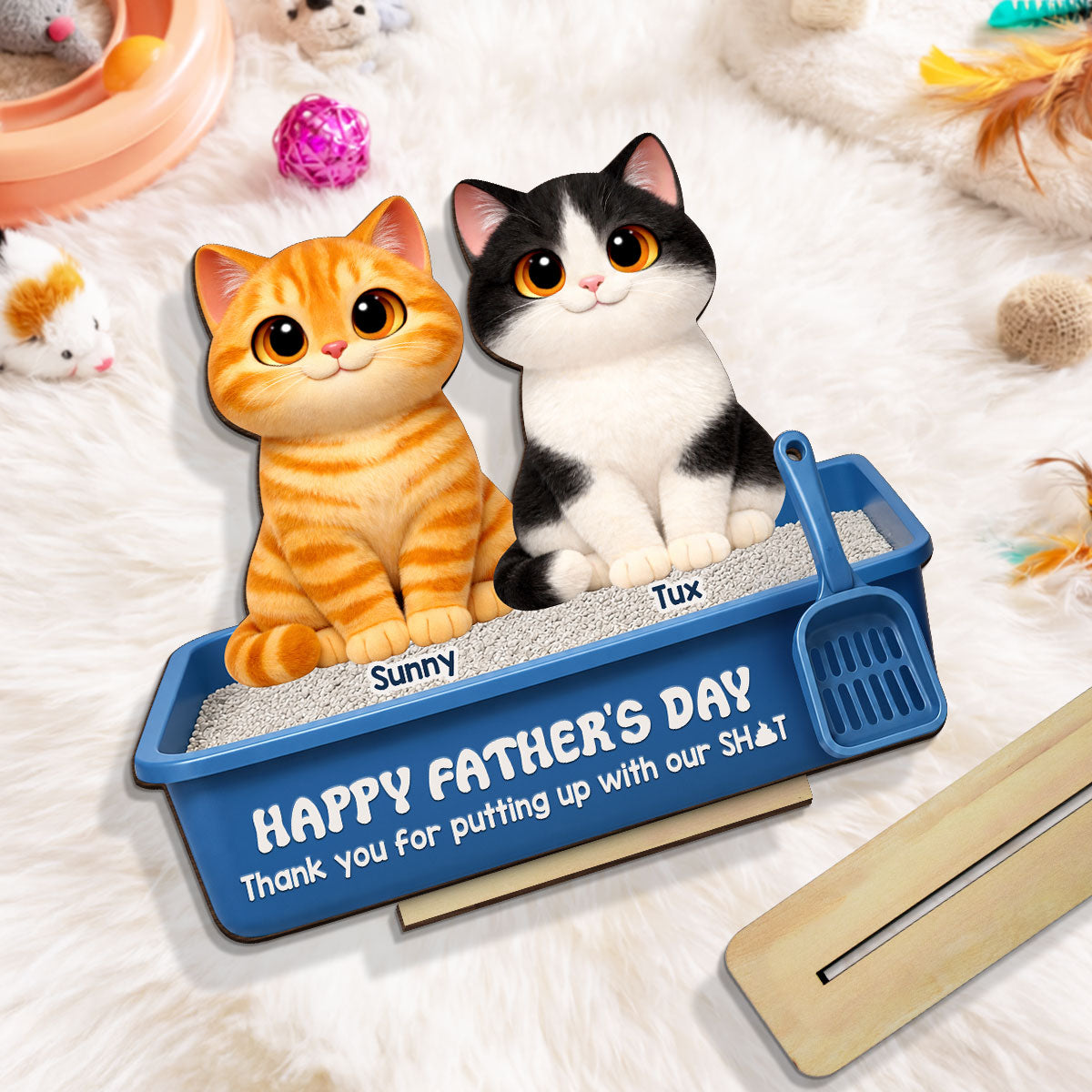 Cute Fluffy Cats Happy  Thanks For Feeding And Scooping Poo 2D Flat - Personalized 2-Layered Wooden Plaque - Funny  Gift For Cat Dad, Cat Lovers