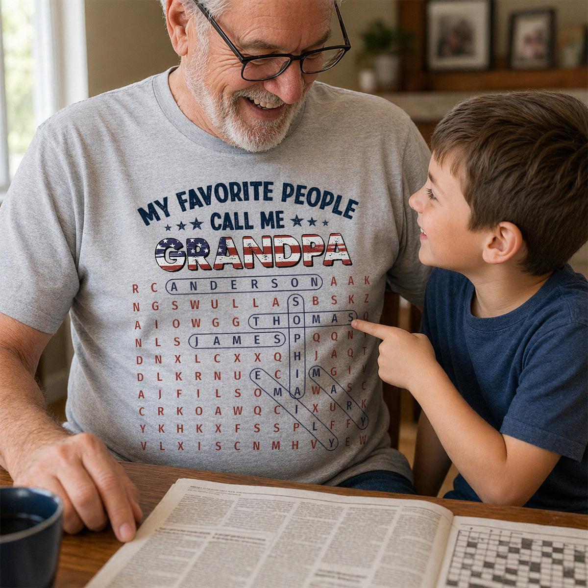Grandpa's Favorite People Word Search Puzzle American Flag Theme - Personalized Shirt - Father's Day Gift For Grandpa, Dad