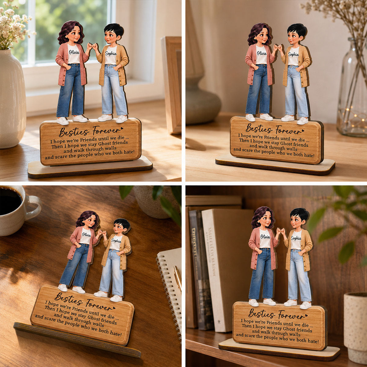 Pretty Besties Forever Pinky Promise 2D Flat - Personalized 2-Layered Wooden Plaque - Friendship Keepsake