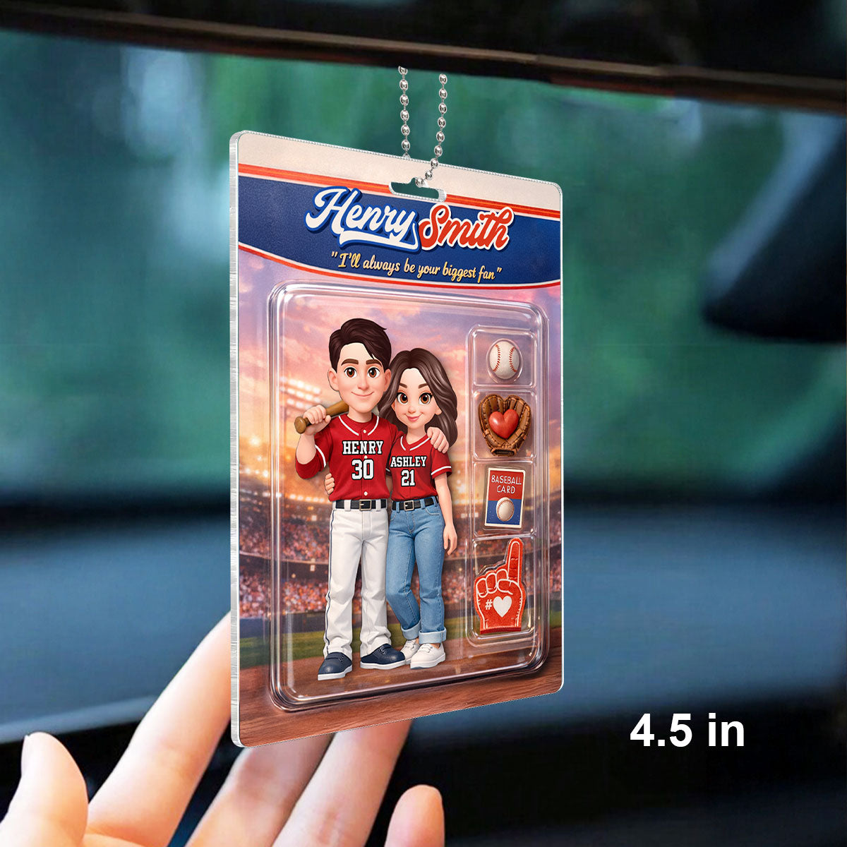 Baseball Couple I'll Always Be Your Biggest Fan Custom Action Figure - Personalized Acrylic Car Hanger - Sentimental Gift for Him