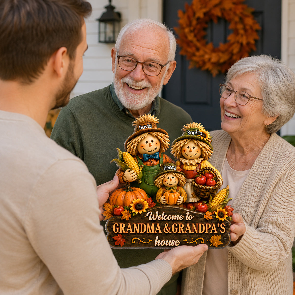 Welcome to Grandma Grandpa's House Scarecrow - Personalized Door Hanger - Fall Thanksgiving Decor