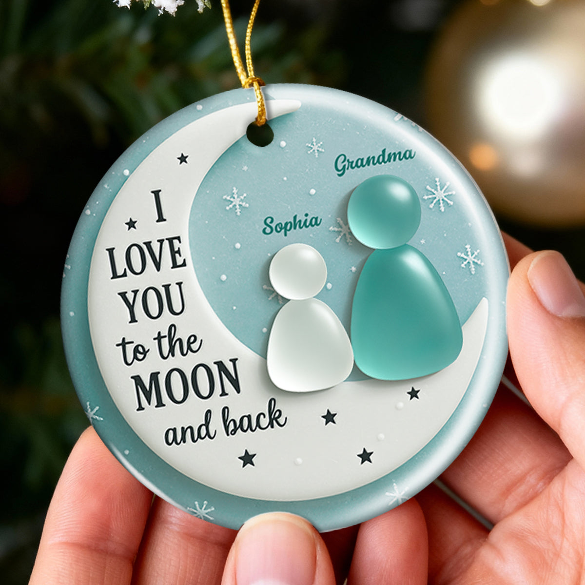 3D Sea Glass Effect Grandma And Grandkid On Moon - Personalized Ceramic Ornament With Acrylic Pieces