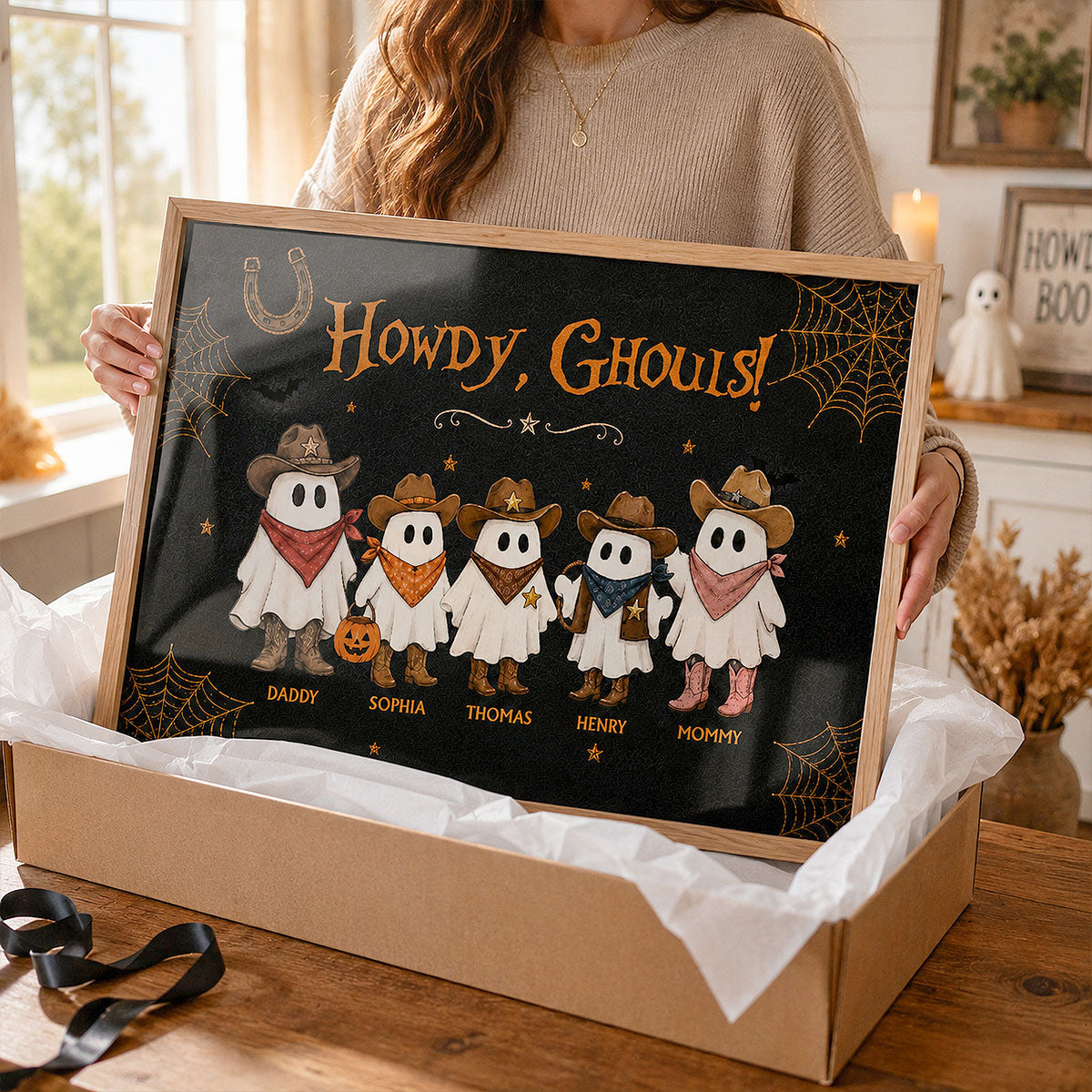 Halloween Family Portrait Cowboy Ghost Family - Personalized Poster - Western Country Vibe Halloween Decor For Families