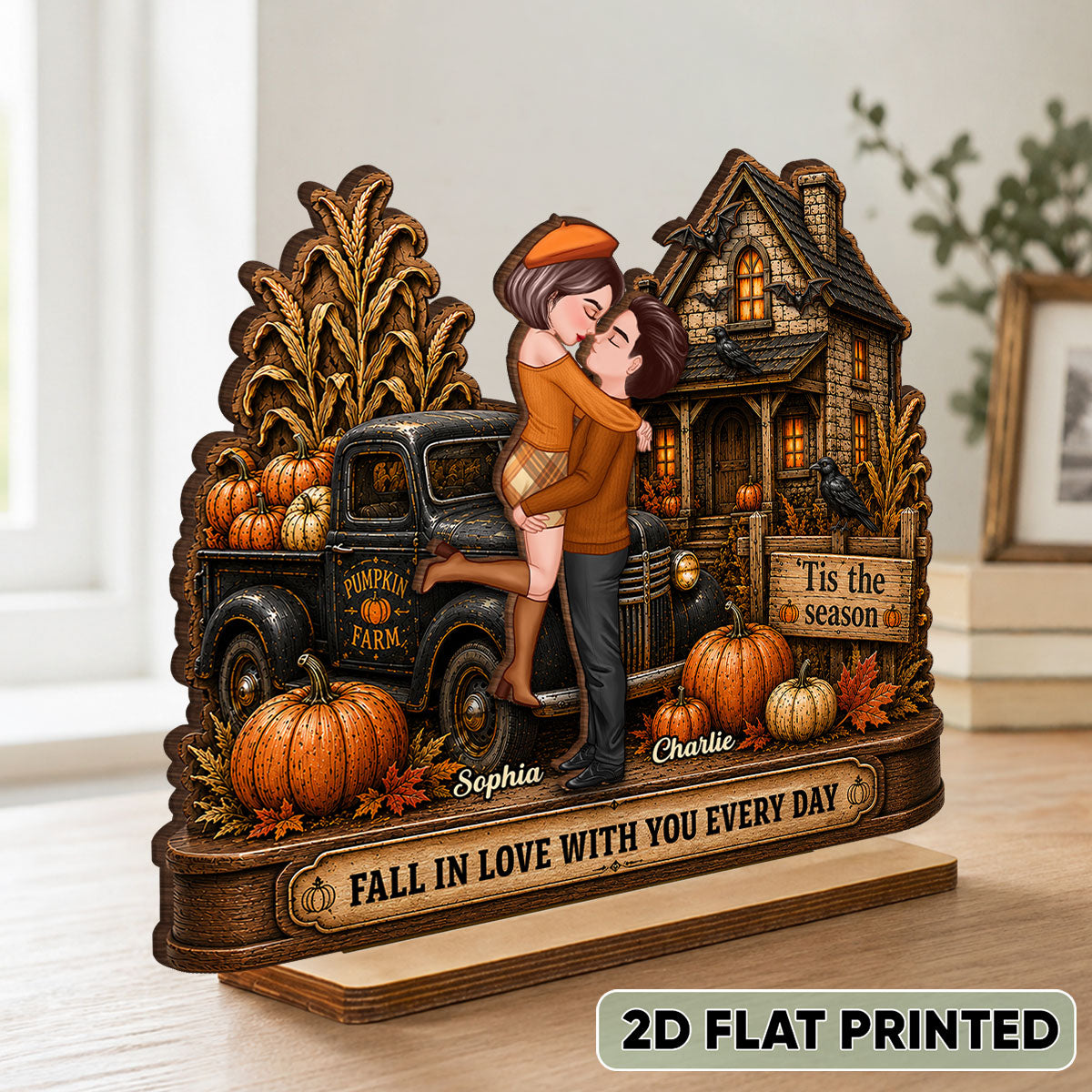 Fall in Love with You Couple Fall Season - Personalized 2-Layered Wooden Plaque - Haunted House Halloween Decor