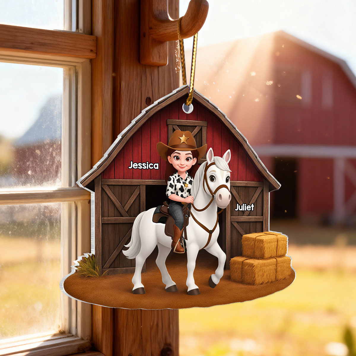 Country Girl And Horse Red Barn 3D Effect - Personalize Acrylic Ornament