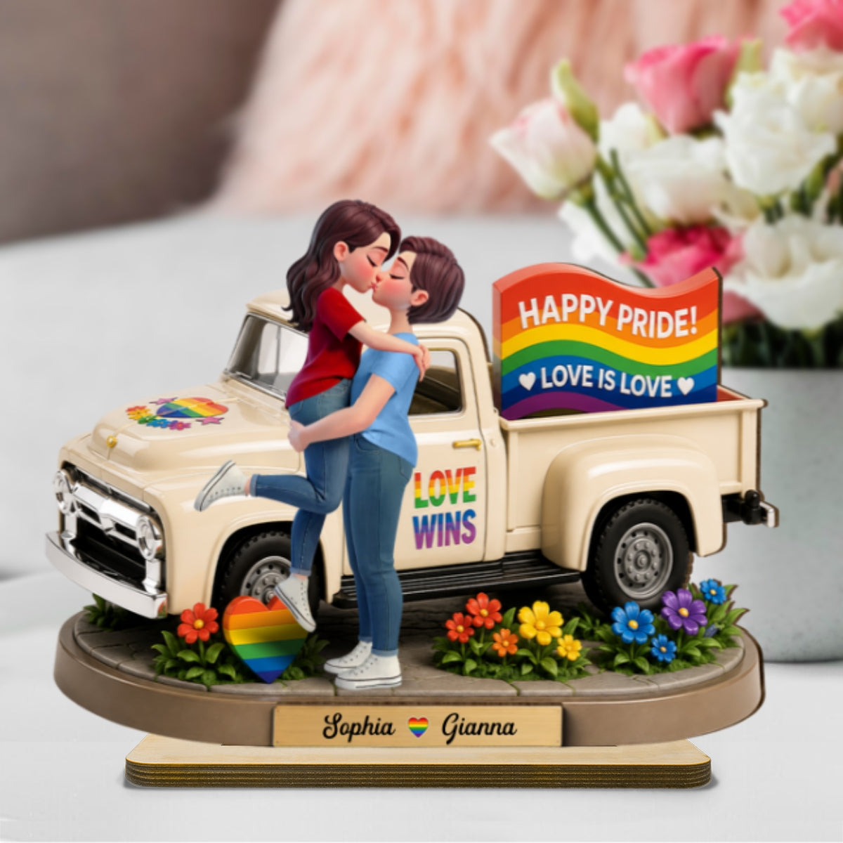 Love Is Love Couple Kissing By Truck 2D Flat - Personalized 2-Layered Wooden Plaque - Pride Month Keepsake