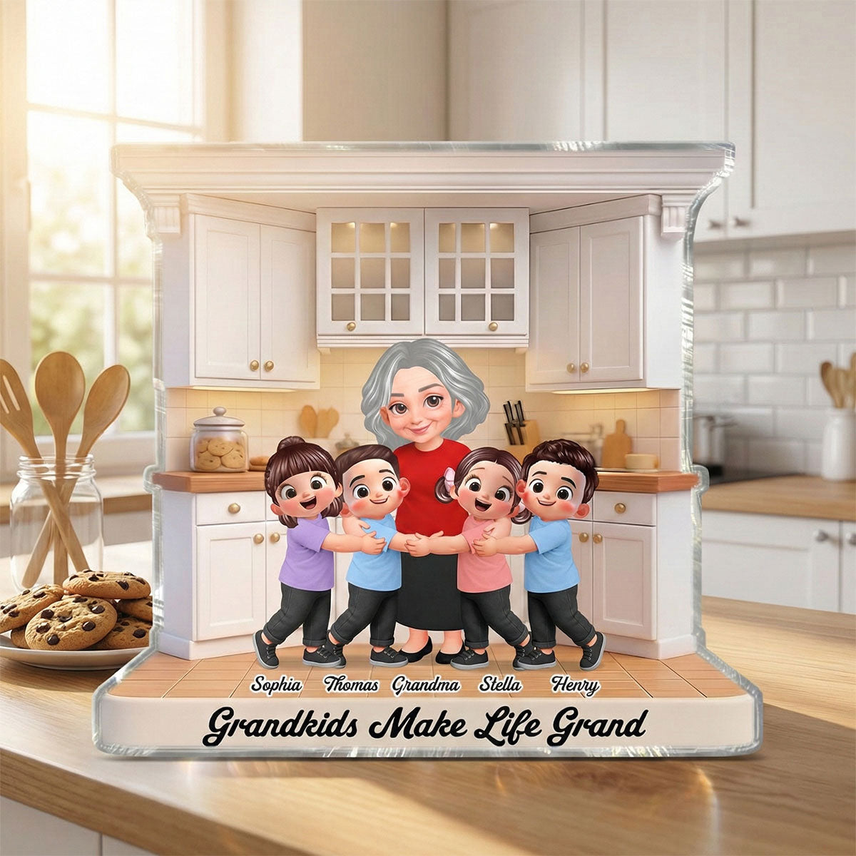 Grandma And Grandkids Happy Together In The Kitchen - Personalized Acrylic Block Plaque - Gift For Grandma