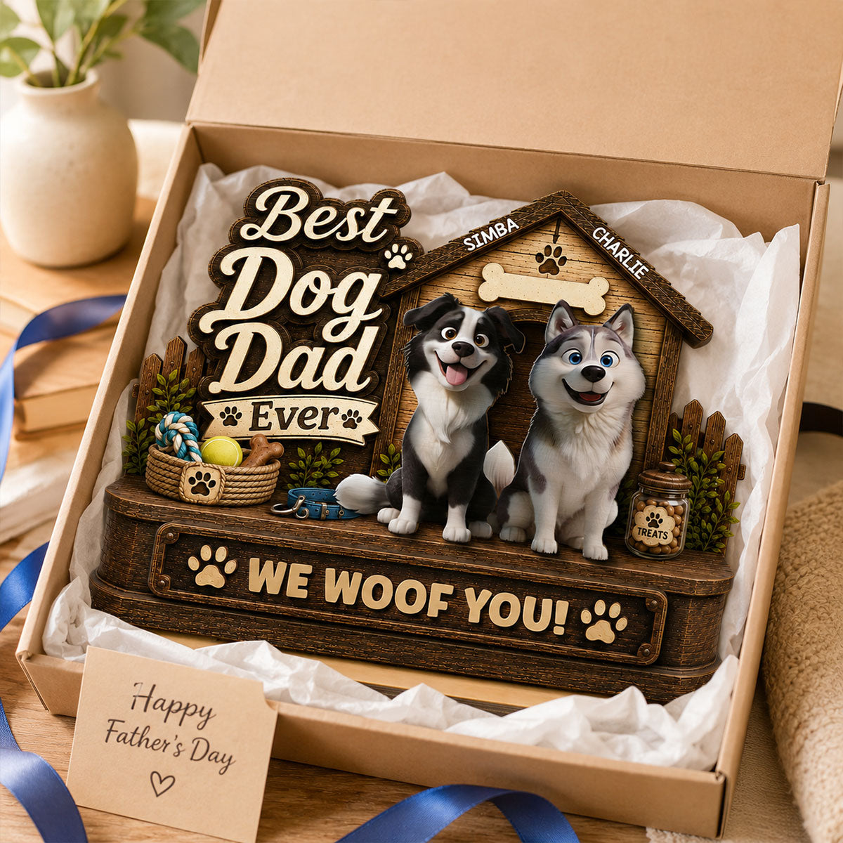 Best Dog Dad Ever Cute Dogs 2D Flat - Personalized 2-Layered Wooden Plaque -  Gift For Dog Dad