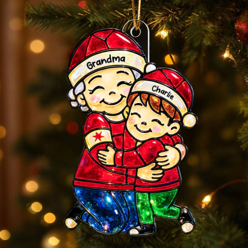 Grandma Hugging Grandkids Stained Glass Pattern - Personalized Acrylic Ornament - Heartwarming Christmas Gift For Grandma, Granddaughter, Grandson