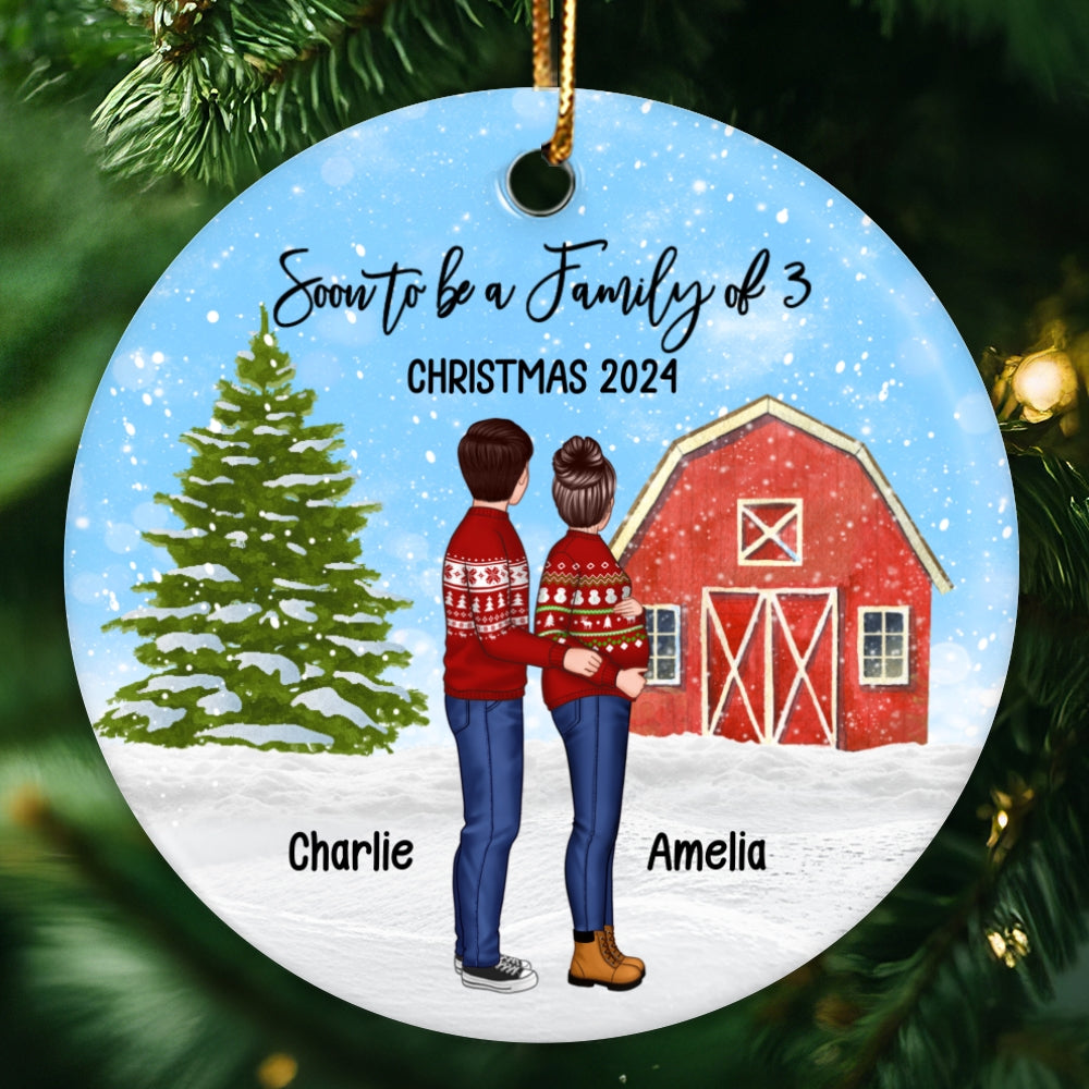 Family Pregnancy Christmas Ornament, Expecting Pregnancy announcement, Red Barn, Personalized Circle Ceramic Ornament