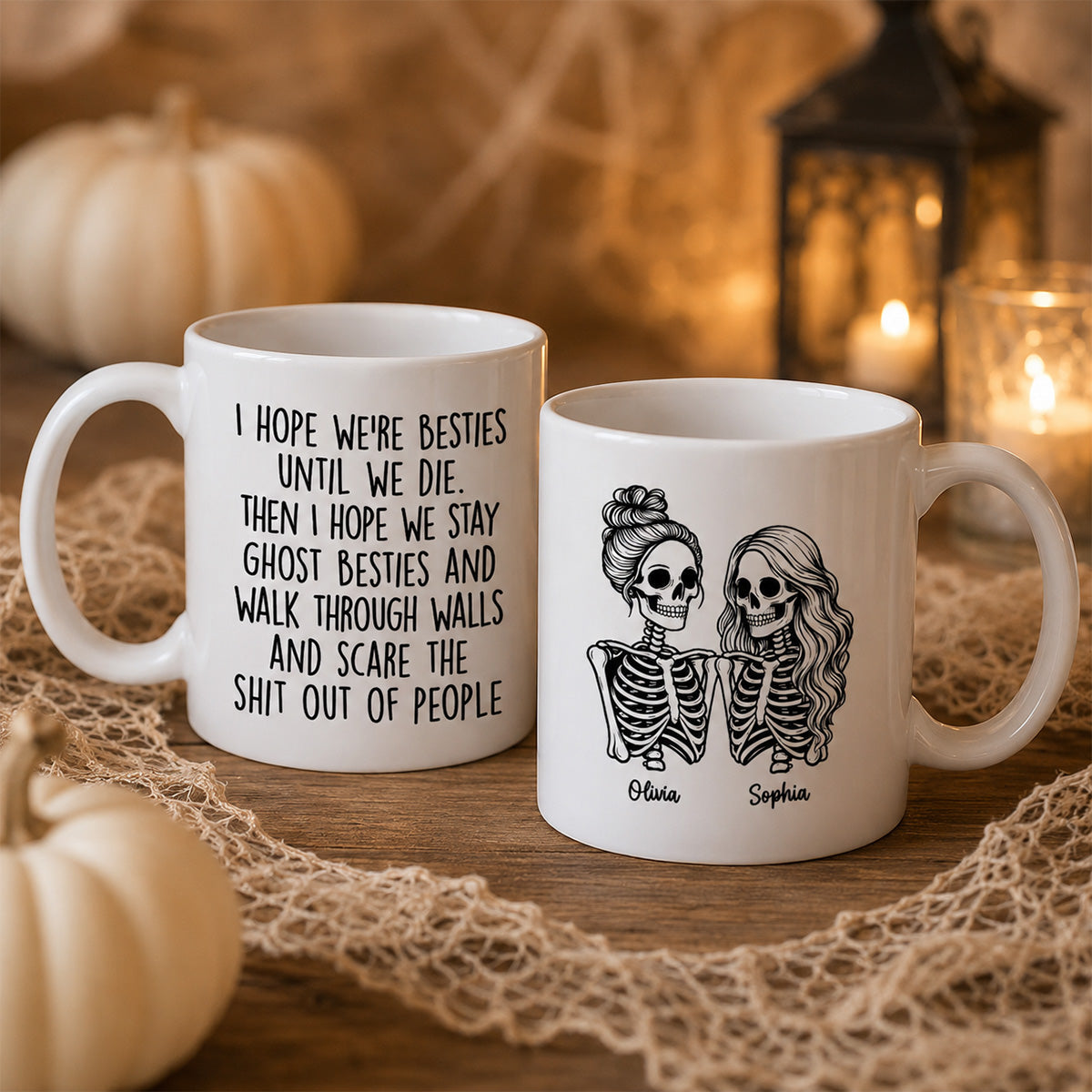 Besties Until We Die Skeleton Besties - Personalized Mug - Funny Work Bestie Gift, Halloween Keepsake For Best Friends