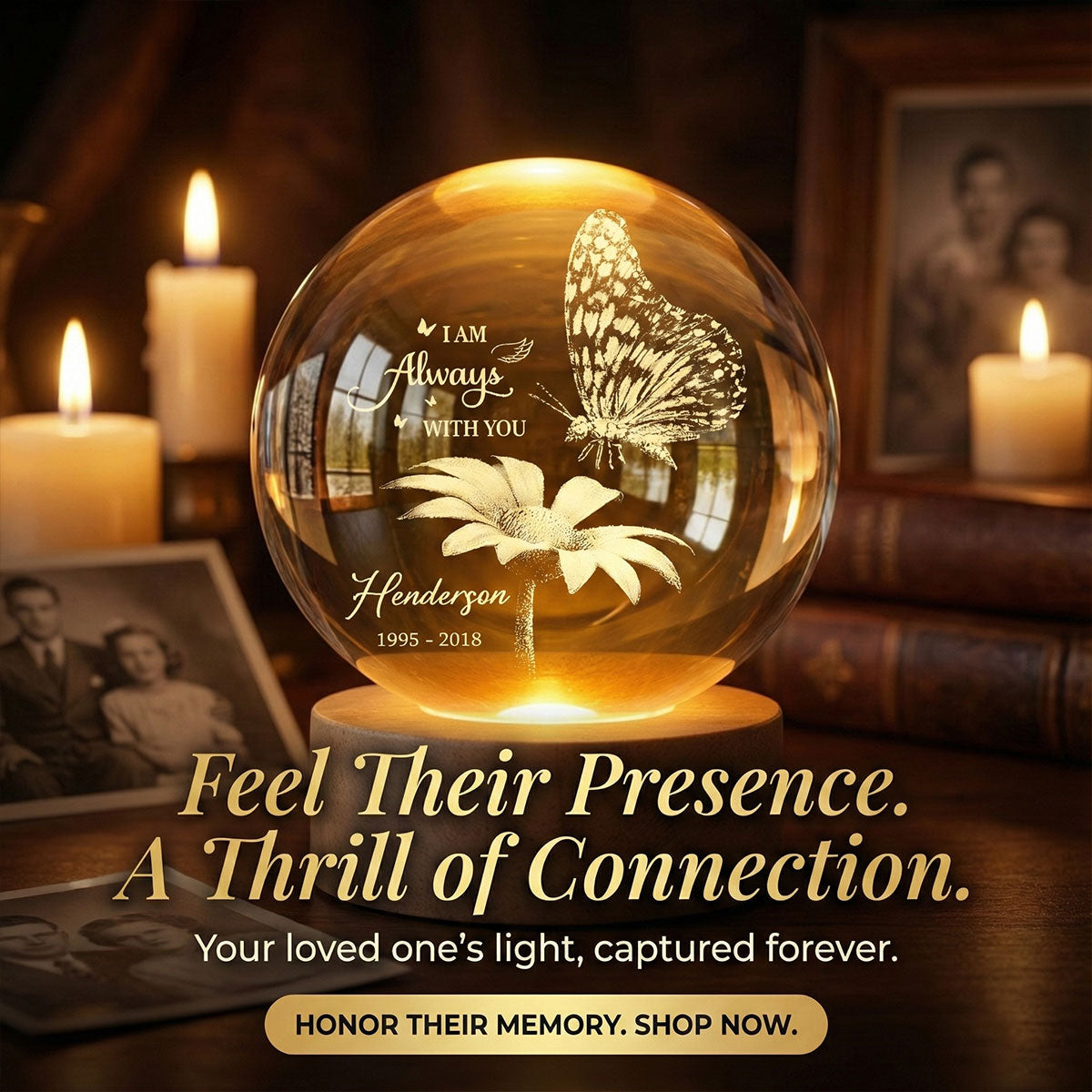 Always With You Butterfly On Daisy - Personalized Crystal Ball LED Night Light - Memorial Remembrance Keepsake