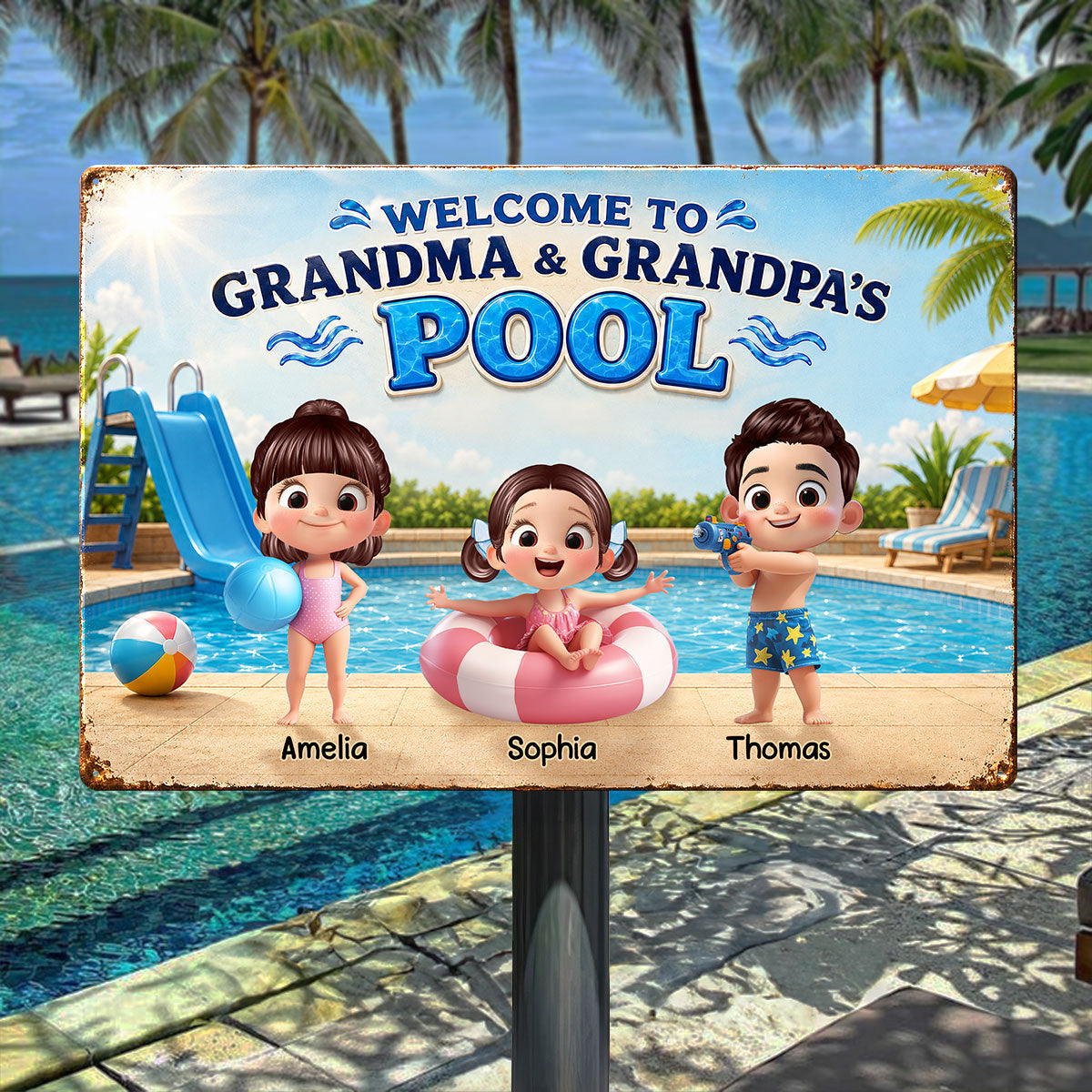 Welcome to Grandma Grandpa's Pool - Personalized Metal Sign - Summer Decor Gift for Grandparents