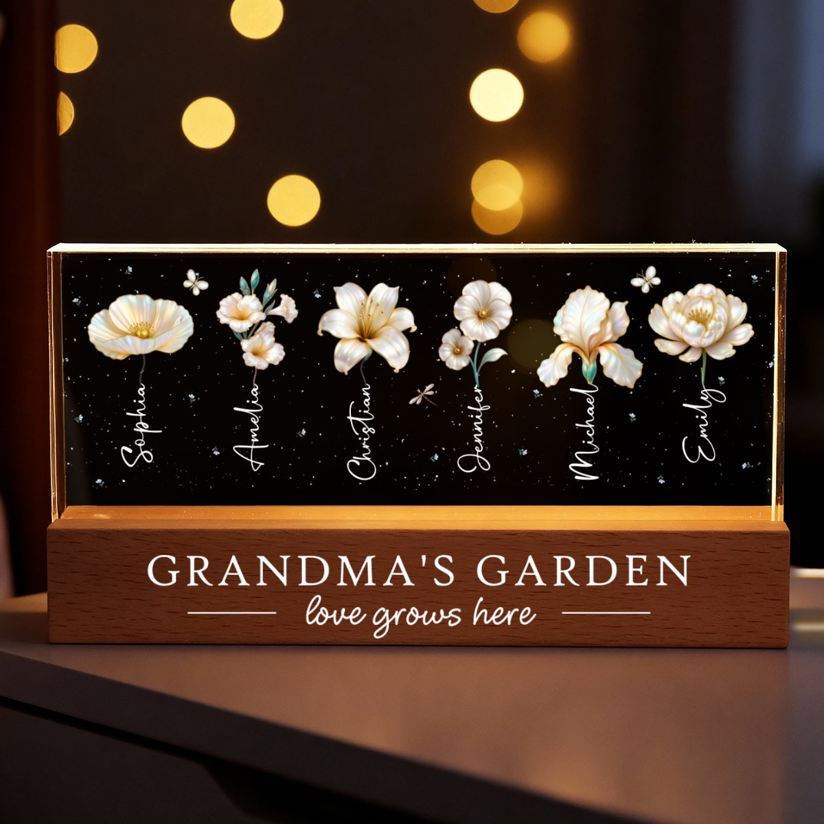 Grandma's Garden 3D Effect Birth Month Flowers - Personalized Acrylic Block LED Night Light - Gift For Grandma