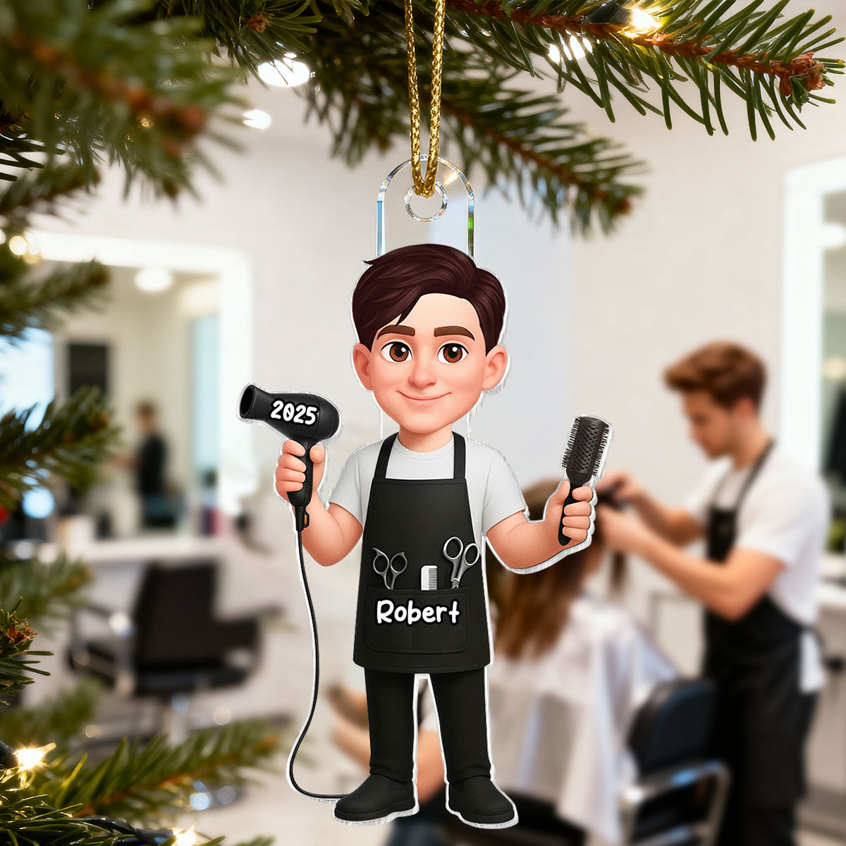 3D Effect Christmas Hairdresser Man Woman - Personalized Acrylic Ornament - Gift For Hairdressers