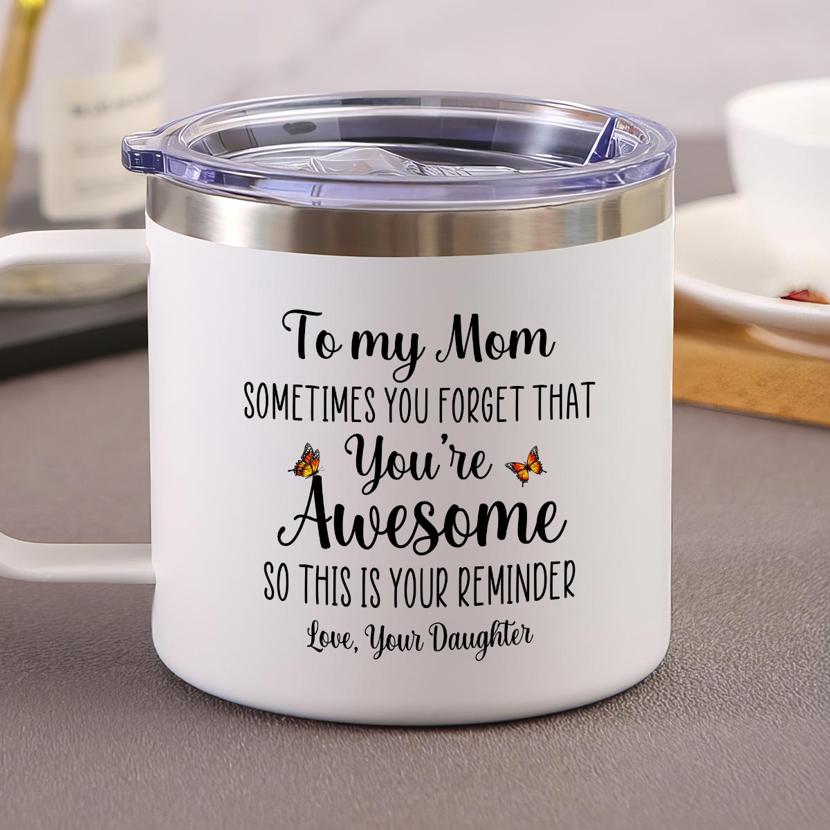 To My Mom You're Awesome Birth Flower - Personalized Stainless Steel Tumbler With Handle - Mother's Day Gift For Mom From Daughter