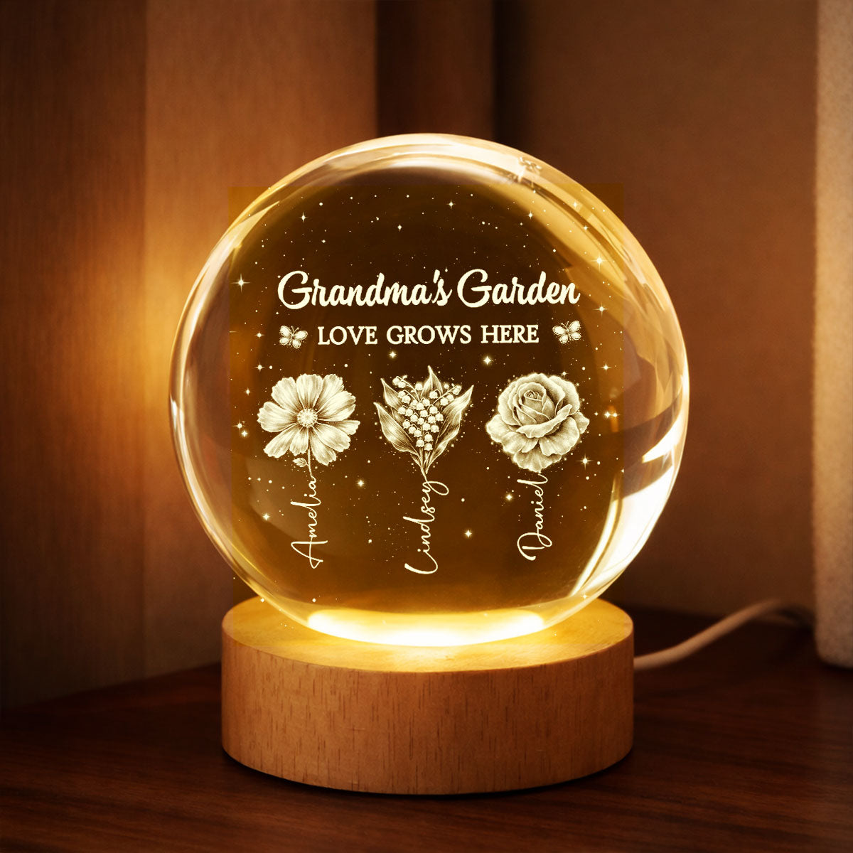 Grandma's Garden Custom Birth Month Flower - Personalized Crystal Ball LED Night Light - Sentimental Gift for Grandma