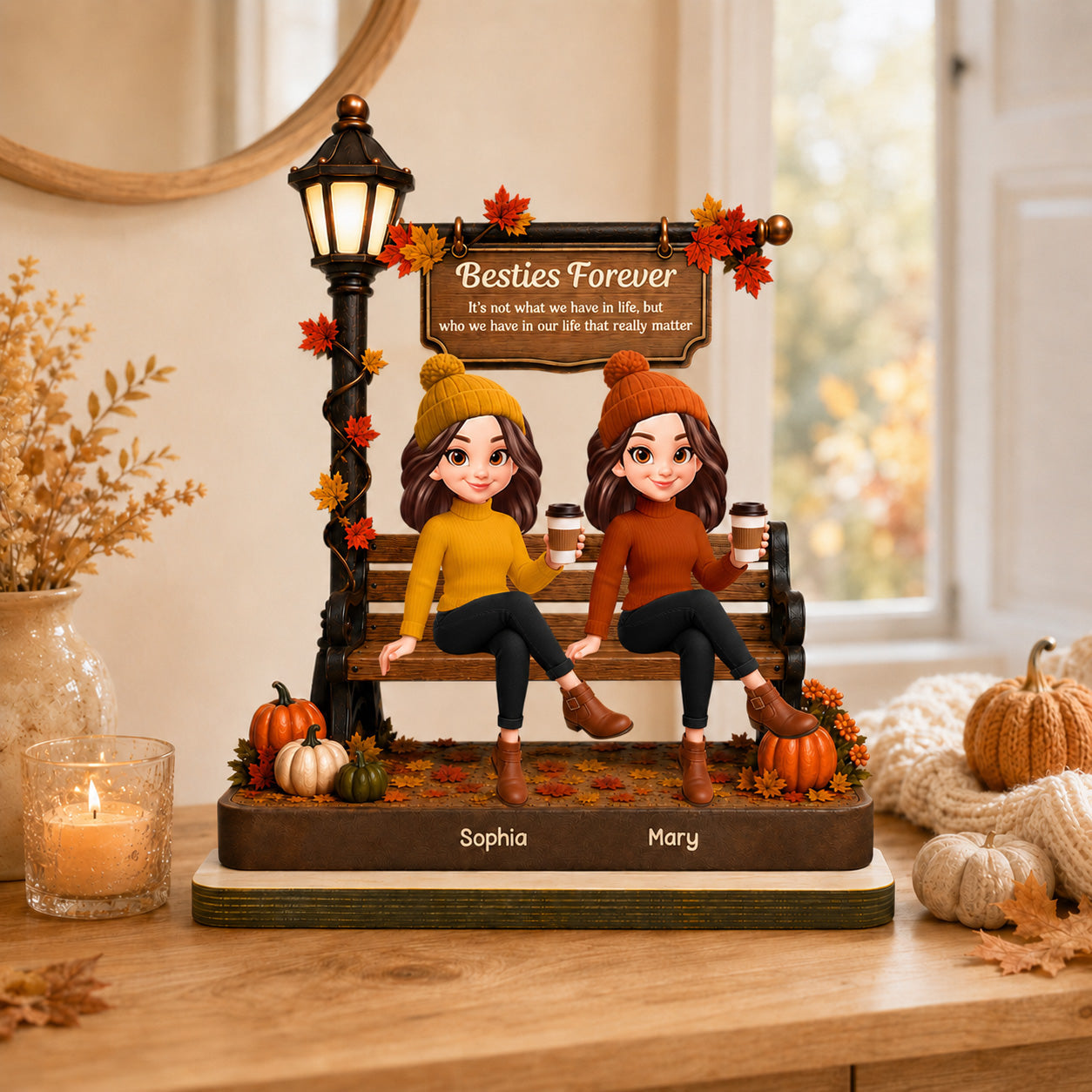 Fall Season Besties Sitting Under Lamp Post - Personalized Wooden Plaque