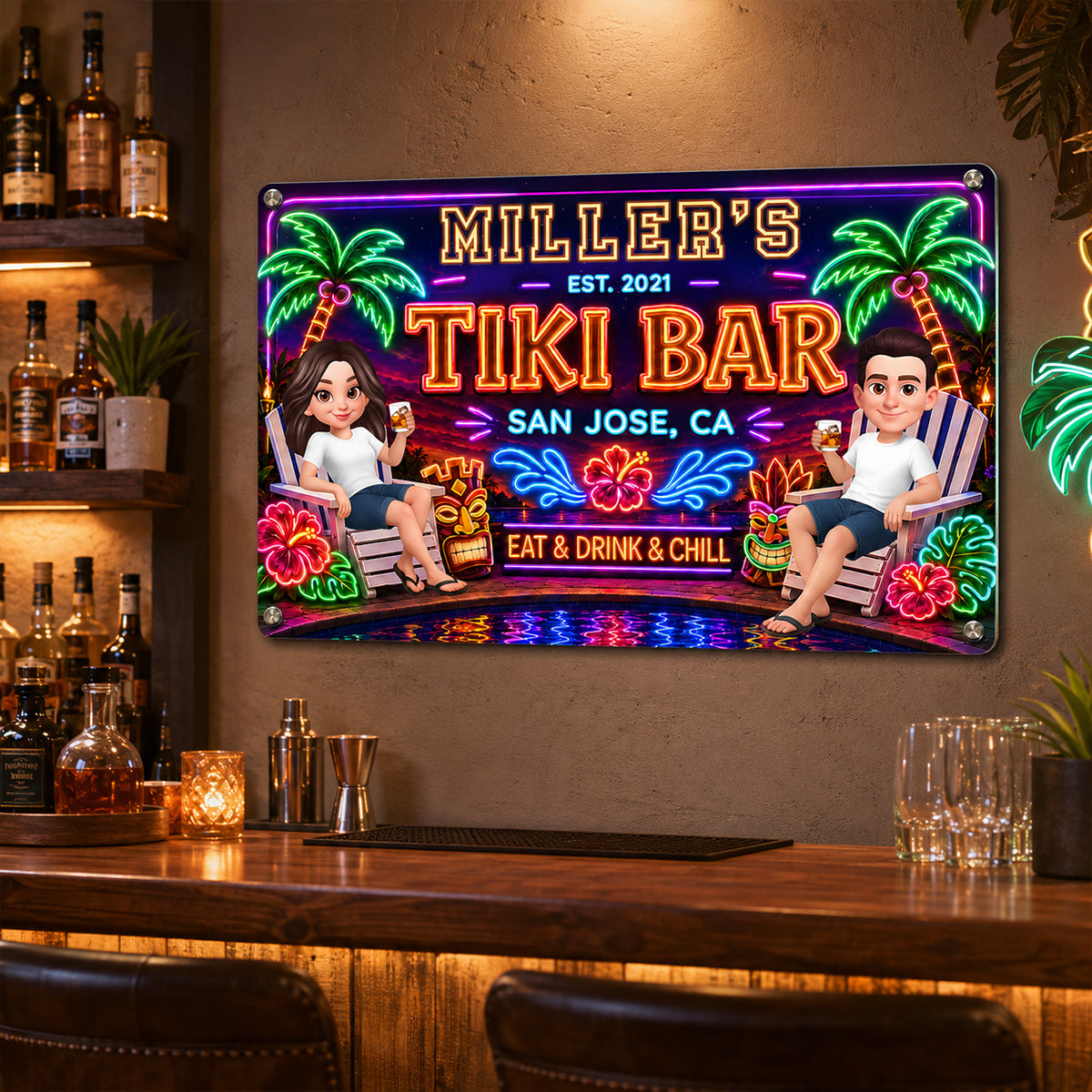 Custom Family Tiki Bar - Personalized Metal Sign - Outdoor Home Bar Decor, Eat Drink & Chill Sign, Backyard Patio Sign, New Home Gift