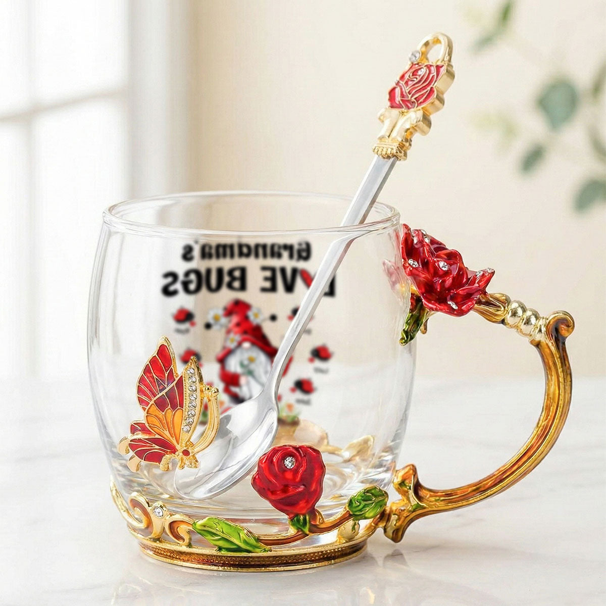 Grandma's Love Bugs - Personalized Enamel Flower Tea Cup - Gift For Grandma, Mom