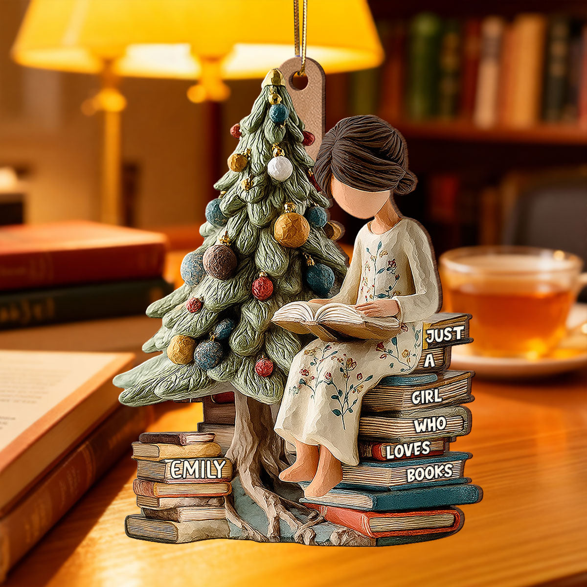 Holiday Reading By The Tree 3D Effect - Personalized Wooden Ornament - Christmas Gift For Book Lover, Bookworm