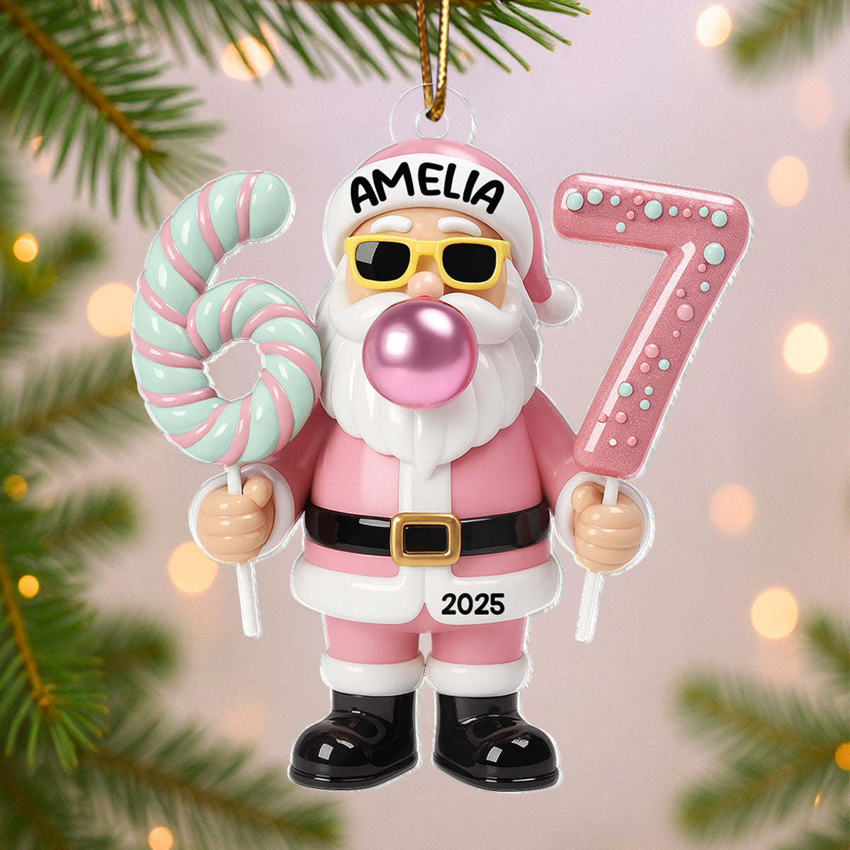 Pink Santa Six Seven - Personalized Acrylic Ornament - Christmas Gift for Kid, Grandkids