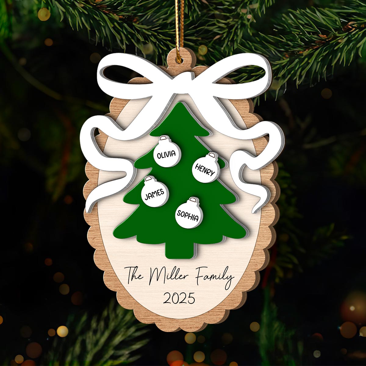 Family Christmas Tree Scalloped Bow - Personalized Spinning Charm Ornament