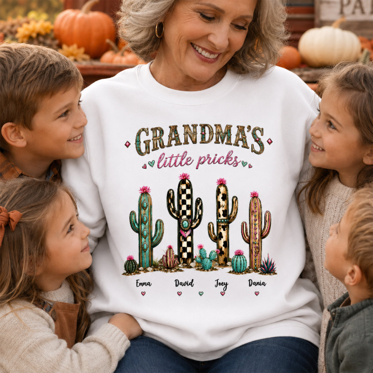 Grandma's Little Pricks - Personalized Shirt - Leopard Cactus Fall Vibe, Trendy Tee for Grandma