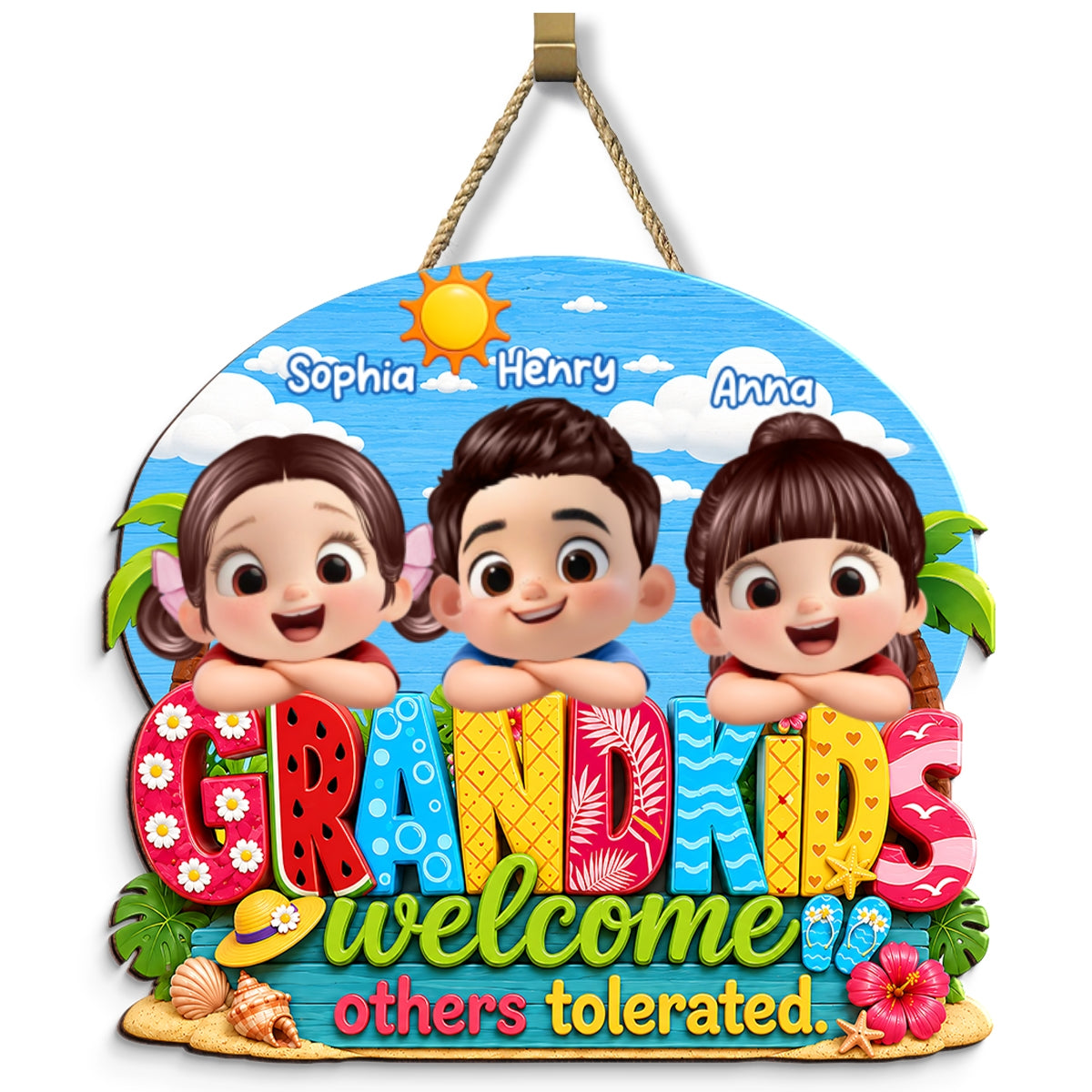 Grandkids Welcome Others Tolerated - Personalized Door Sign - Farmhouse Rustic Summer Decorations for Home