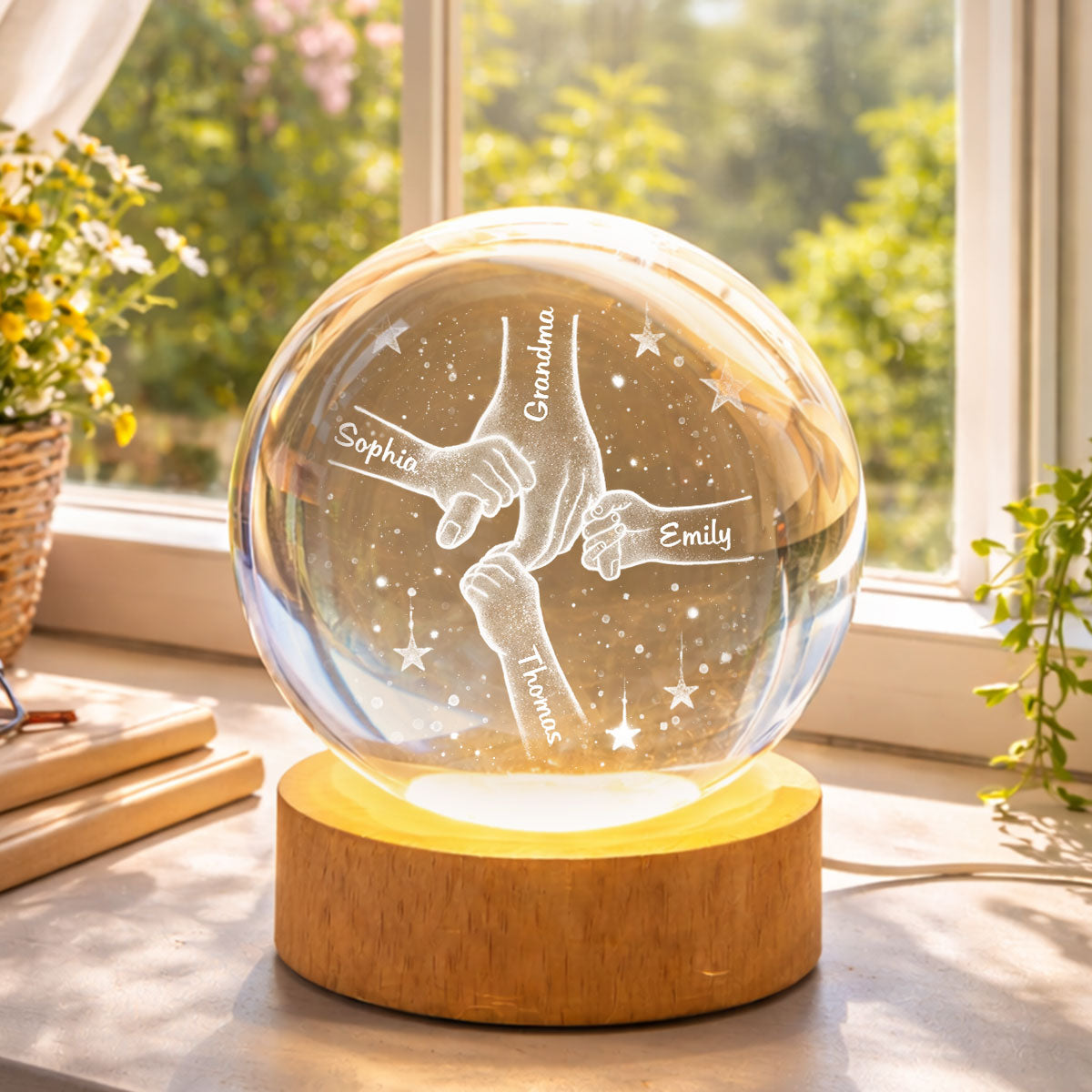 Mom Grandma Kids Holding Hands - Personalized Crystal Ball LED Night Light - Sentimental Mother's Day Gift for Mom, Grandma, Wife