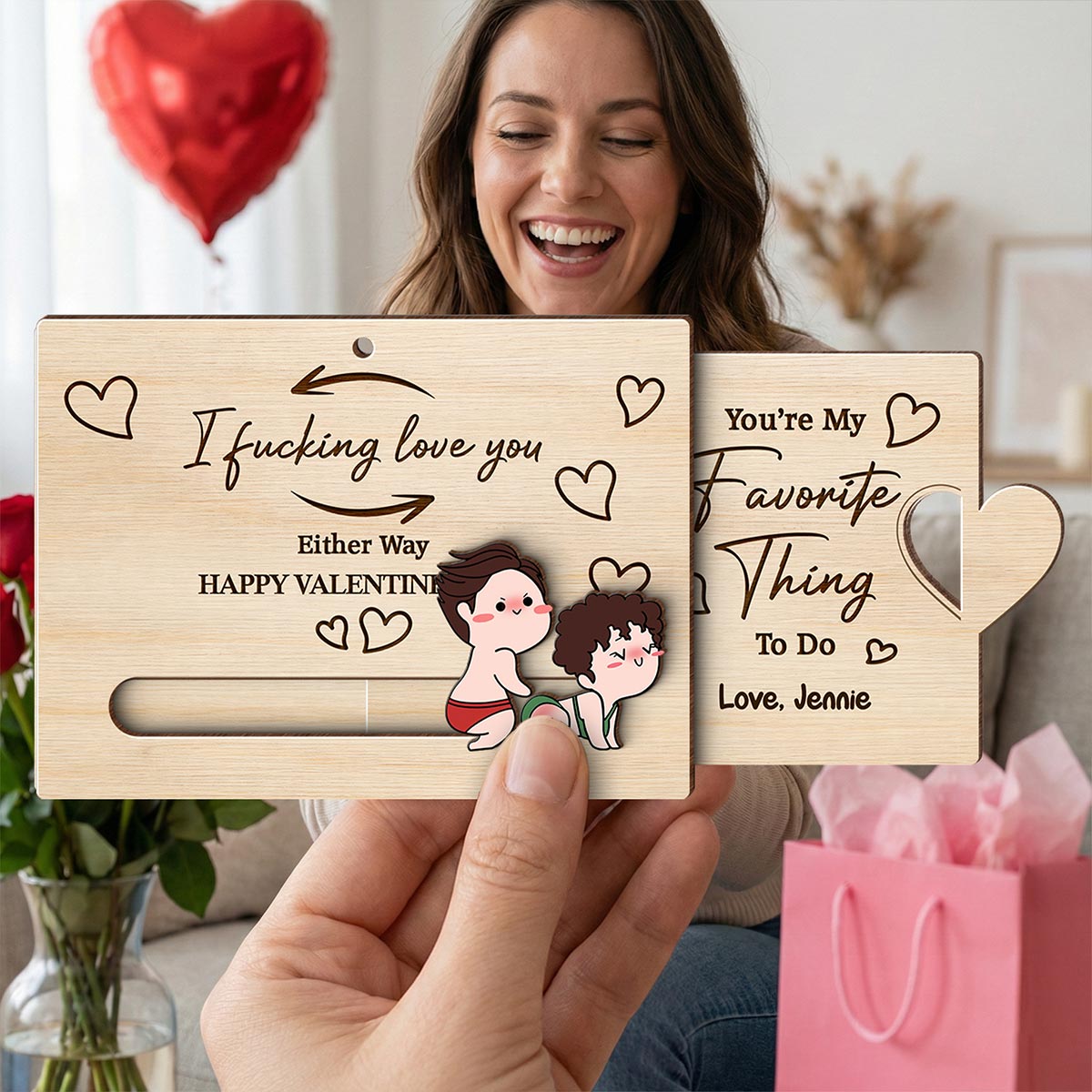 I Fcking Love You Funny Inappropriate Couple Cartoon Style - Personalized Wooden Slider Ornament - Valentine's Day Gift For Him, For Her