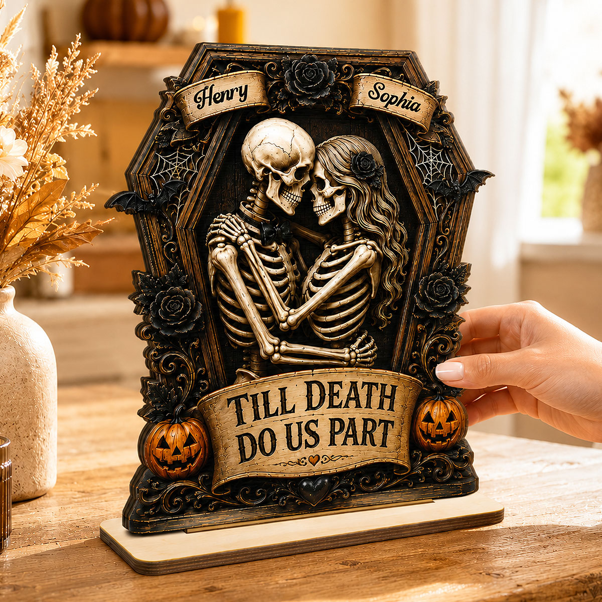 Till Death Do Us Part Skeleton Couple In Coffin 2D Flat - Personalized 2-Layered Wooden Plaque - Halloween Decor For Couple