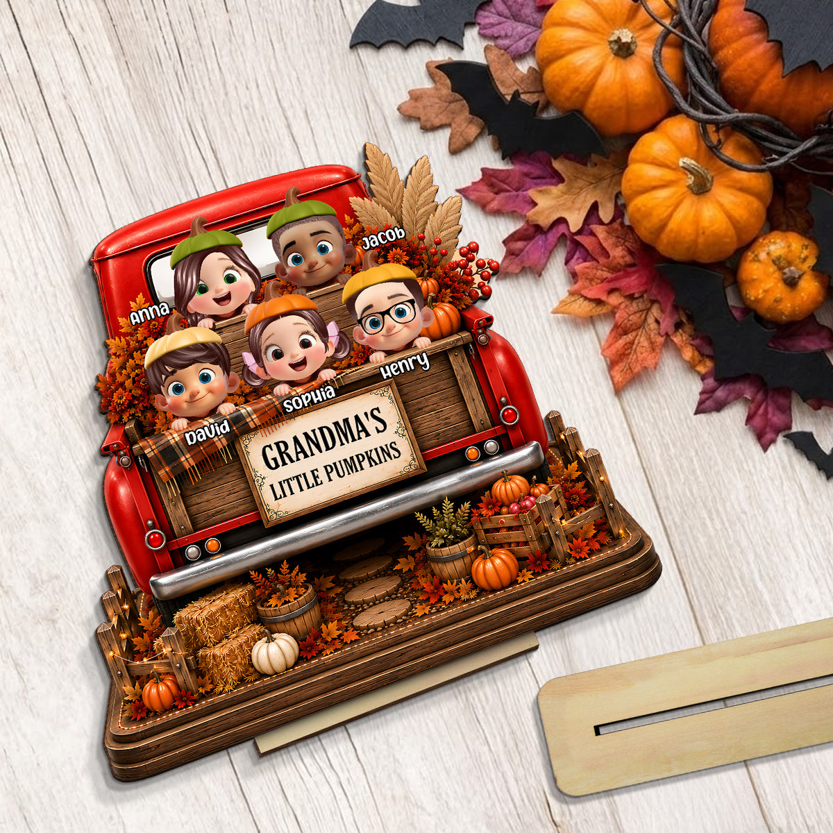 Grandma Grandkids Pumpkins Fall Truck - Personalized 2-Layered Wooden Plaque - Fall Season Decor Gift, Gift For Grandma