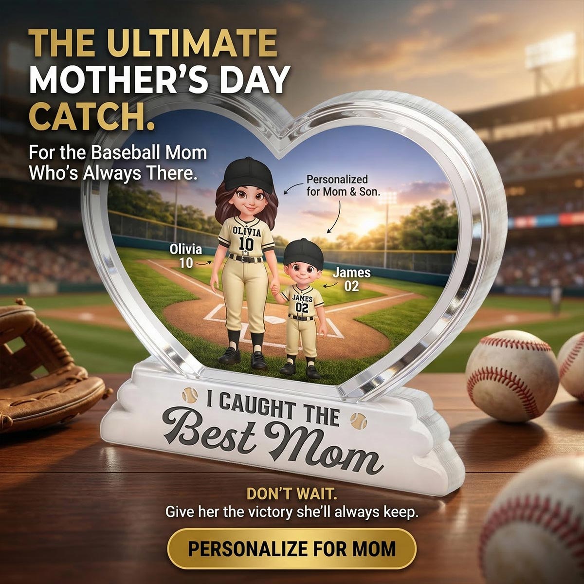 We Caught The Best Mom Baseball 2D Flat - Personalized Acrylic Block Plaque - Mother's Day Gift For Baseball Mom