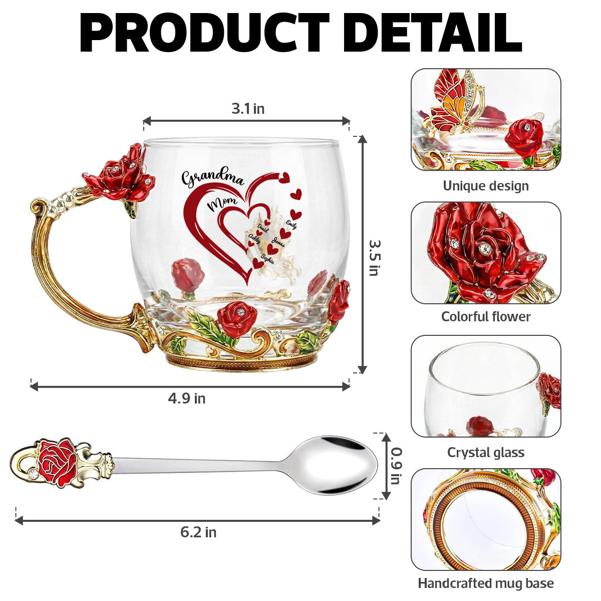 Grandma Mom Heart Custom Kids Names - Personalized Enamel Flower Tea Cup - Gift For Grandma, Mom