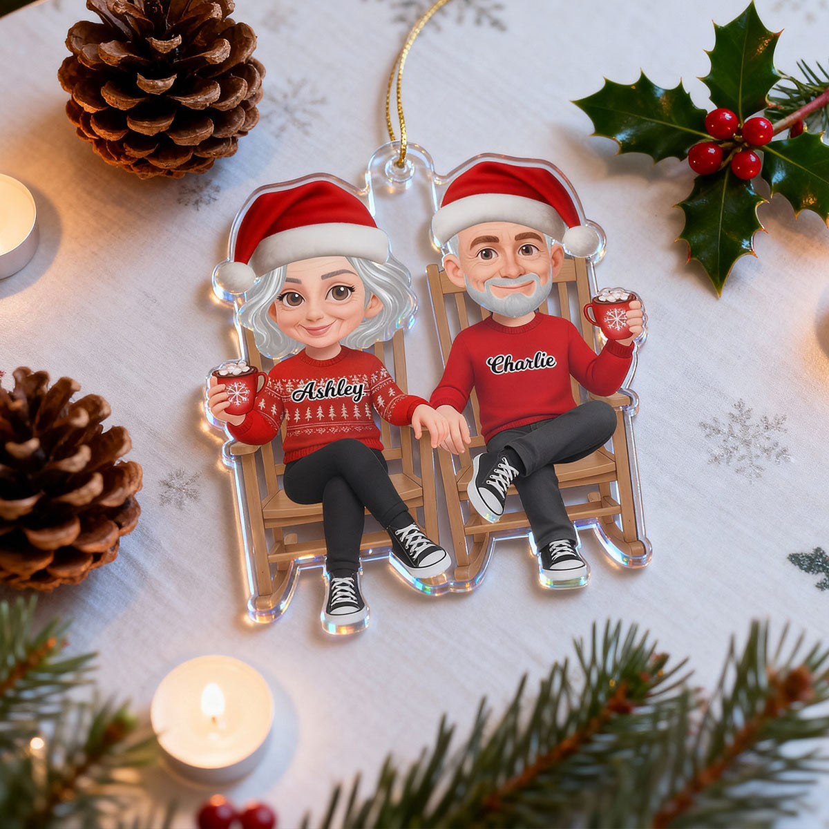 3D Effect Christmas Couple Sitting On Rocking Chair - Personalized Acrylic Ornament - Heartfelt Gift For Couple