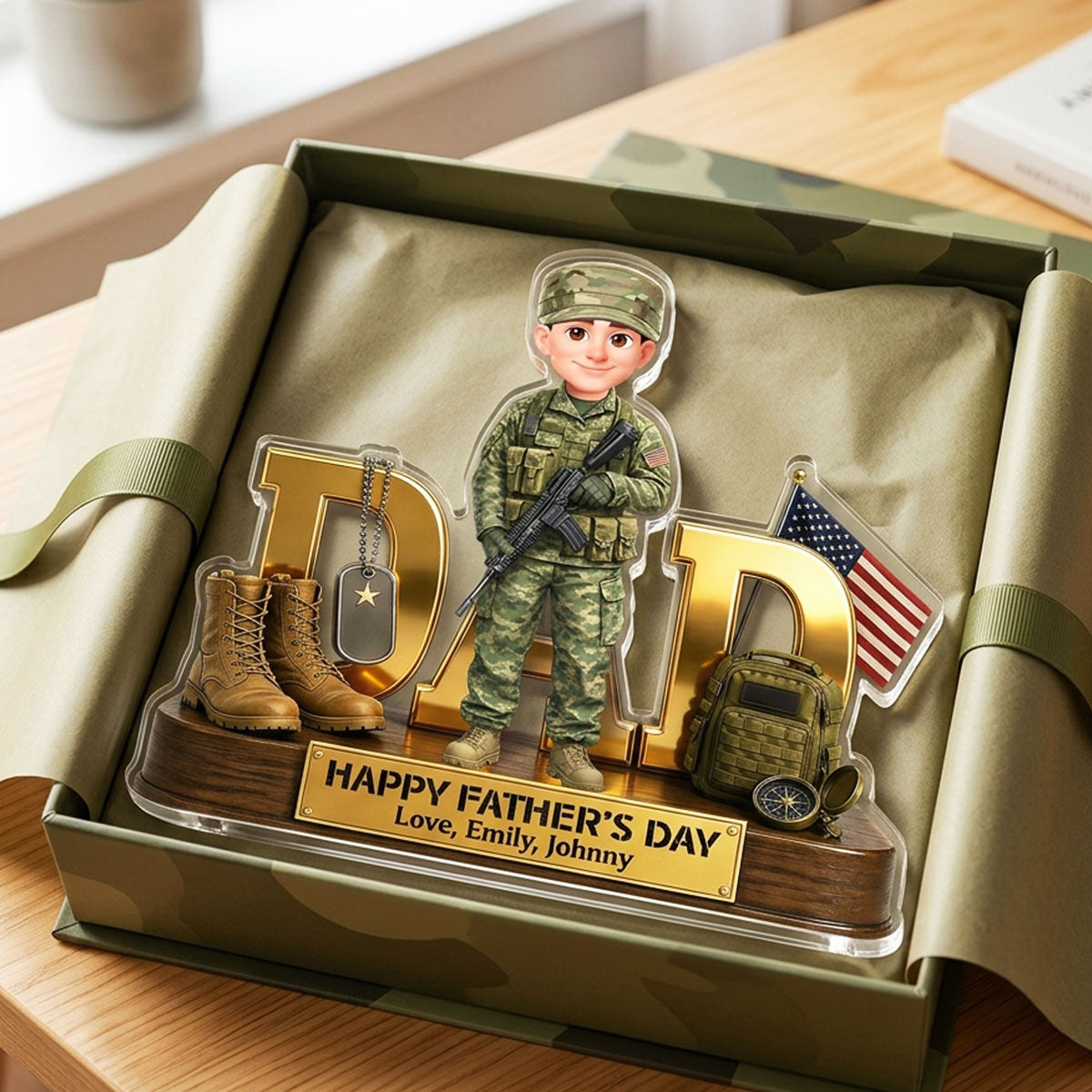 Proud American Military Armed Force Hero Dad 2D Flat - Personalized Acrylic Block Plaque -  Unique Trending  Gift For Dad, Husband