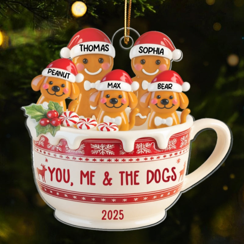 3D Effect Gingerbread Couple & Dog Cat In Hot Cocoa - Personalized Acrylic Ornament