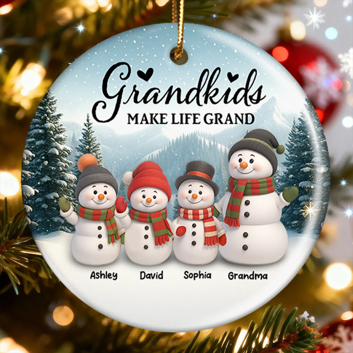 Grandma Grandkids Snowman - Personalized Ceramic Ornament with Acrylic - Unique Christmas Gift for Grandma
