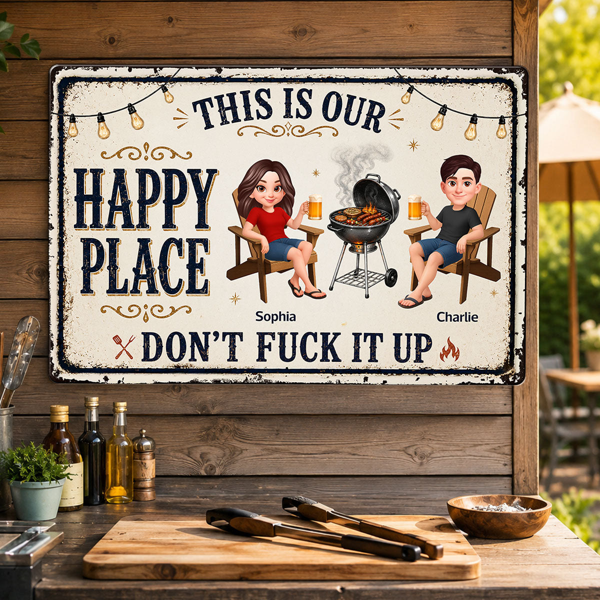 This Is Our Happy Place Backyard Bar Grilling - Personalized Metal Sign - Funny Sarcasm Summer Decoration
