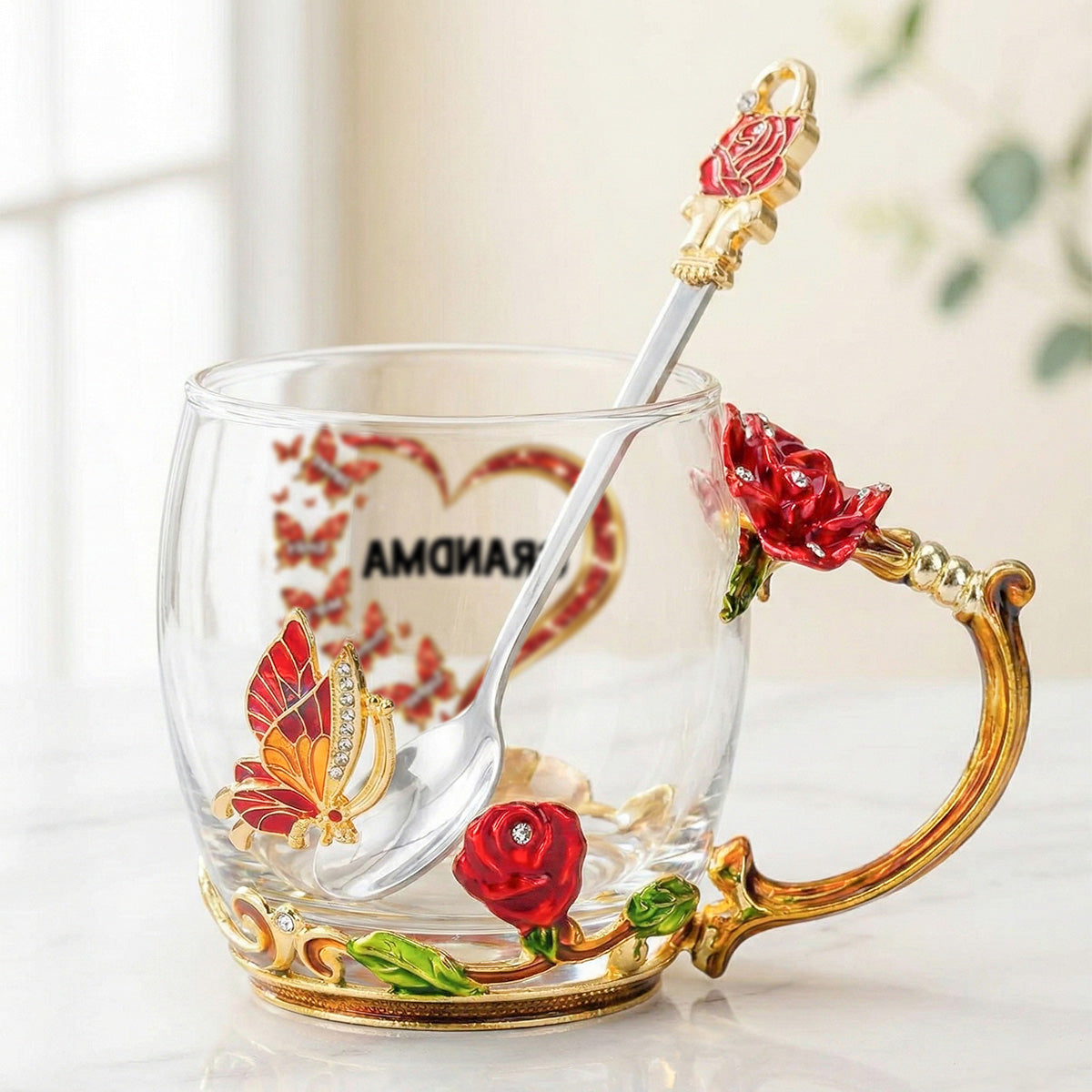 Grandma Butterflies Heart Custom Kids Names - Personalized Enamel Flower Tea Cup - Gift For Grandma, Mom