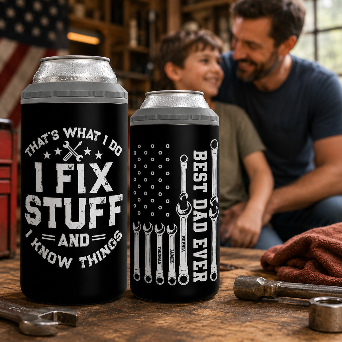 That's What I Do Mechanic Dad - Personalized 4-in-1 Can Cooler - Father's Day Gift For Dad, Grandpa