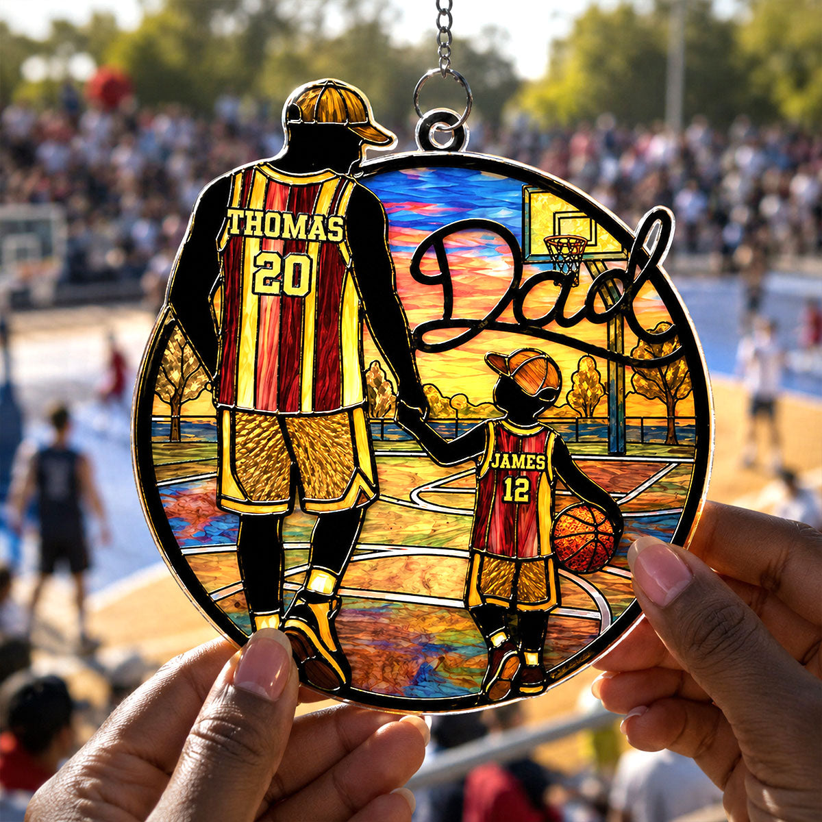 Basketball Dad & Kids 2D Flat - Personalized Suncatcher Ornament - Father's Day Gift For Basketball Dad