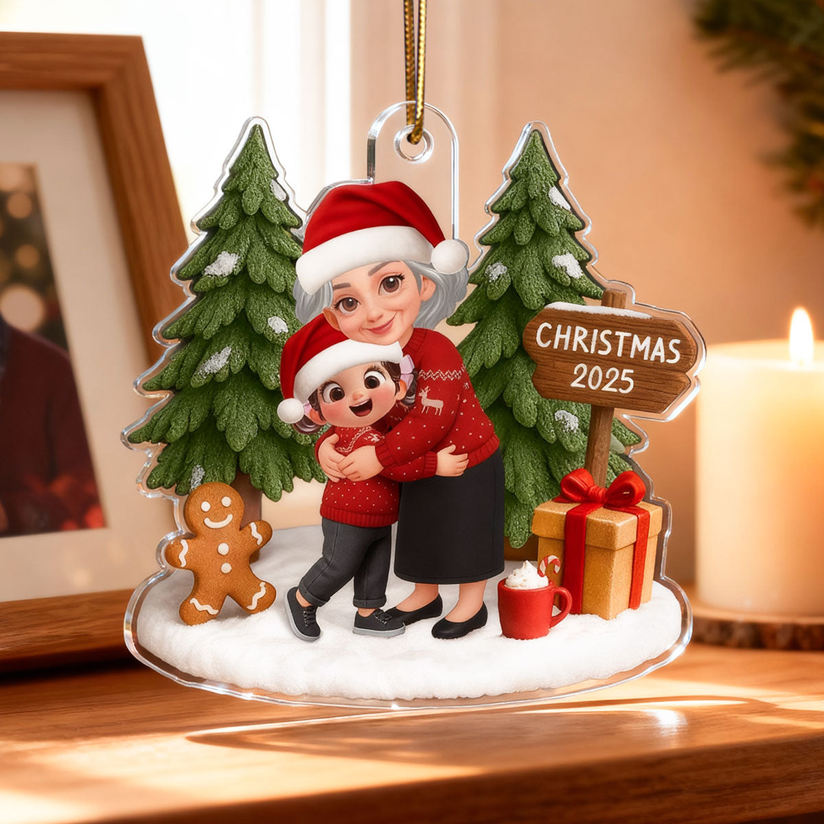 3D Effect Grandma Hugging Grandkid Festive Christmas - Personalized Acrylic Ornament - Gift For Grandkids
