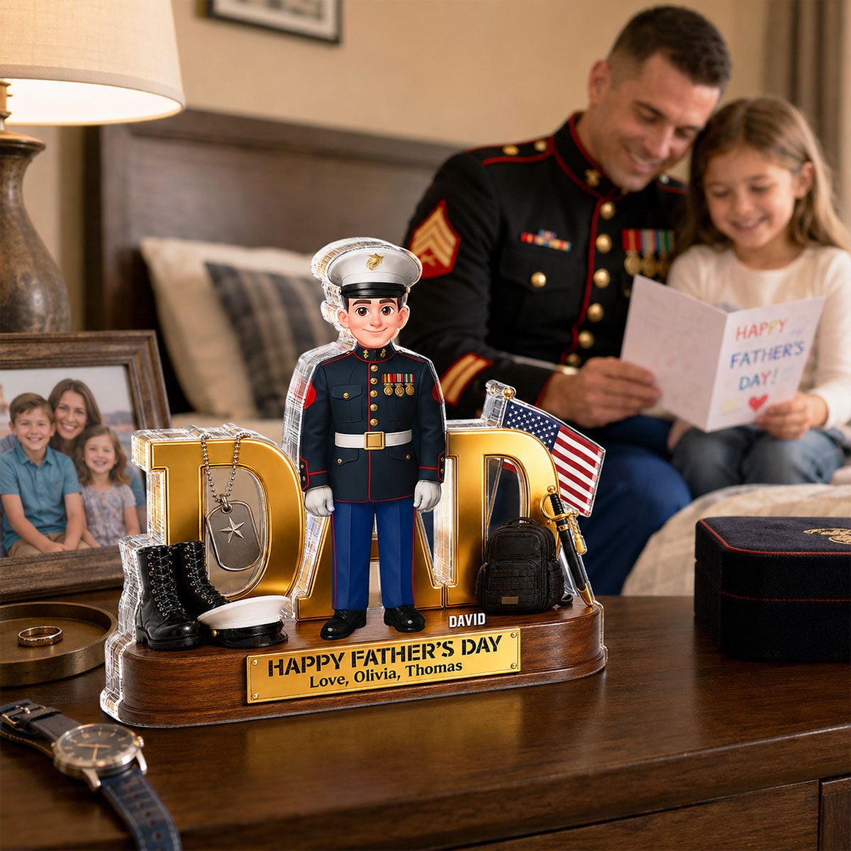 Proud American Marine Dad You Are Our Hero 2D Flat - Personalized Acrylic Block Plaque -  Gift For Dad
