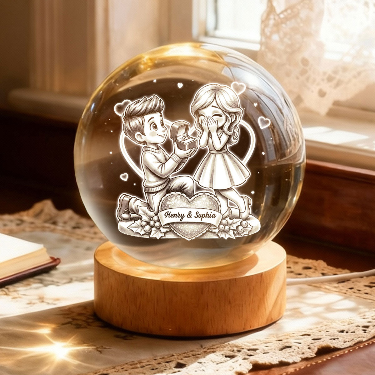 Marriage Proposal Valentine - Personalized Crystal Ball LED Night Light - Anniversary, Valentine's Day Gift, Gift For Him, Gift For Her